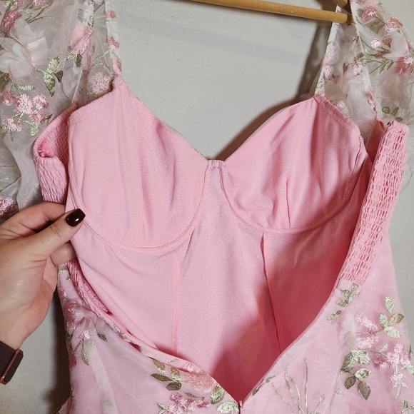 Sugar Thrillz 3D Floral Pink Green Puff Sleeve Mini Dress Size 1X Fairy Coquette - Picture 12 of 16